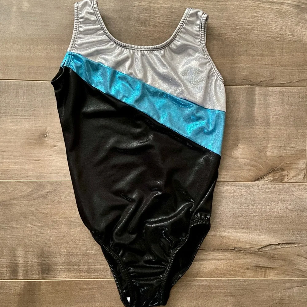 Elite Silver, Blue, and Black Gymnastics Leotard
